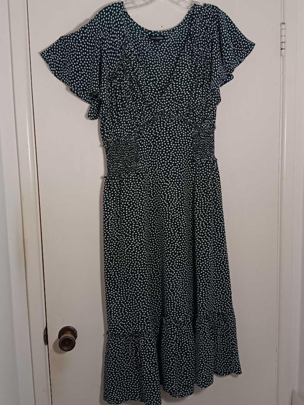 Max Edition Maxi dress XL green white polka dot smoked waist flutter sleeve